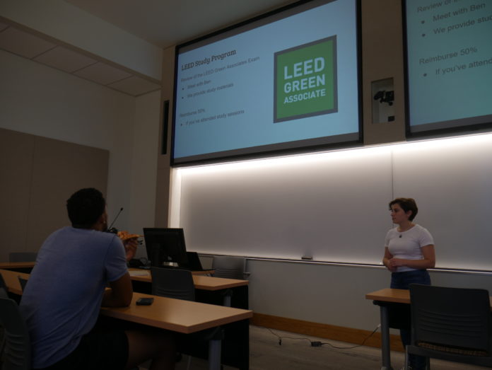 Kourtney Arena, senior civil and environmental engineer and president of Rowans USGBC chapter, discusses the LEED Green Associate exam. - Photo by Tara Lonsdorf