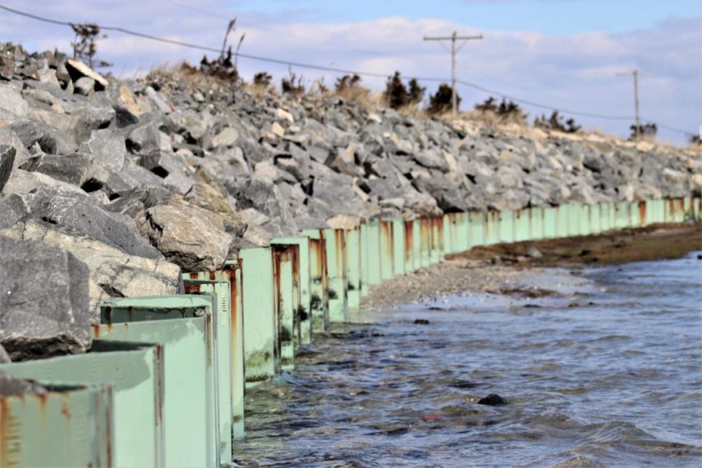 Steel and stone protects Ocean Drive, between Strathmere and Ocean City, where most of the inlet beach has eroded. State and federal officials are looking at options to protect homes and infrastructure from rising water. (Photo/Bill Barlow)