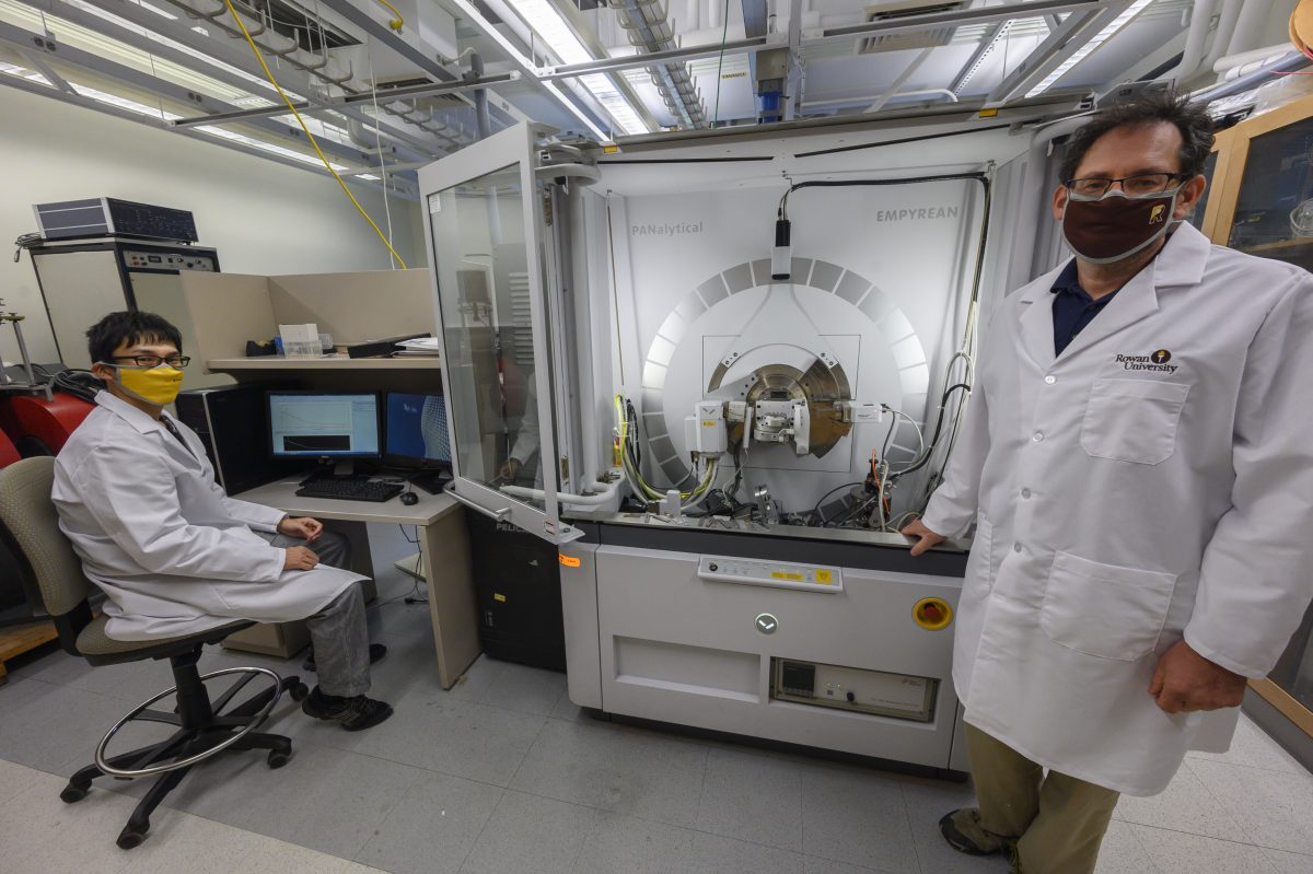 Dr. Samuel Lofland  (R) and Naohiro Fujinuma (L) of Rowan University in the lab. The two are part of a research team that has developed a process for efficiently converting greenhouse gases into potentially useful materials. Photo courtesy of Dr. Samuel Lofland