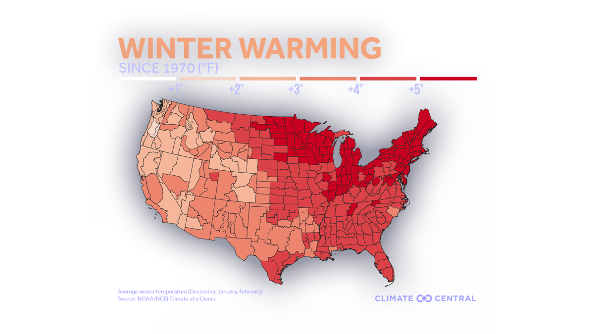 Average winter temperatures during December, January, and February have gone up significantly in the Northeast and in other parts of the country since 1970. Graphic courtesy of Climate Central.