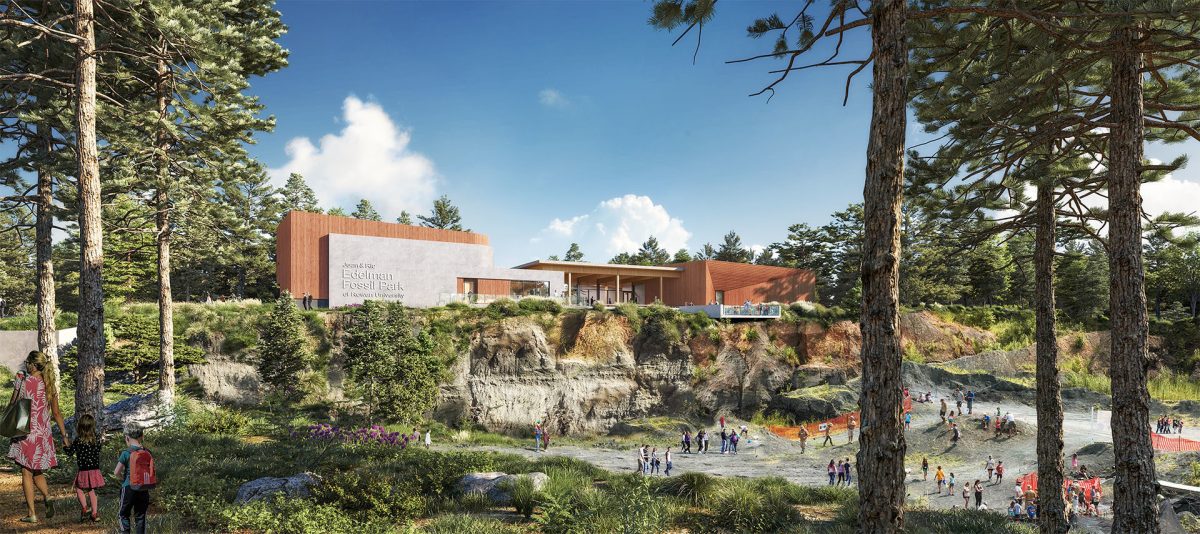 A visualization of the Jean & Ric Edelman Fossil Park Museum overlooking the fossil  digging area. Image courtesy of KSS Architects and Ennead Architects.