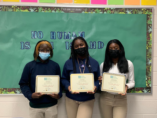 Students form Winslow Township High School came in first place in the high school division Pictured here:  Gabriella Robinson, Janaya Sharpe, and Leila Quatorze [Not Pictured: Annika Erickson]. Photo courtesy of Carolyn Tagmire.