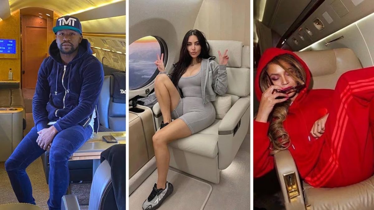 Social media images of Floyd Mayweather, Kim Kardashian and Beyonce on their private jets. They also made the list of the biggest celebrity polluters.