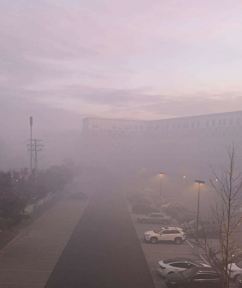 The Rowan Boulevard apartments in smoke’s haze on Nov. 9, 2024. Glassboro, NJ.