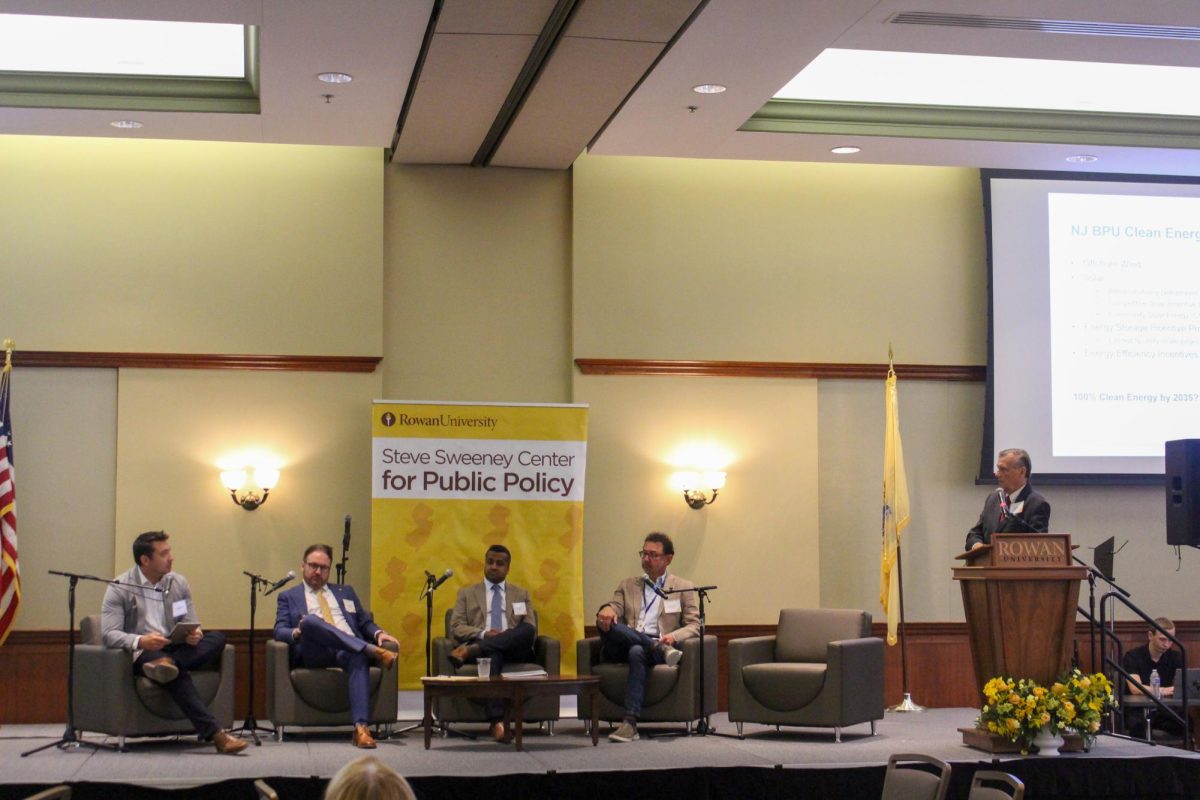 From left to right: Nathan Lowe, Andrew J. McNally, Asim Z. Haque, Bob Brabston, and Mark Magyar speak as a part of the first panel of experts. Tuesday, Sept. 16, 2025. Glassboro, NJ. 